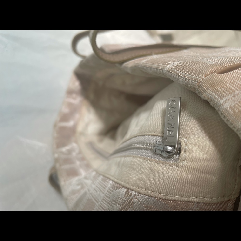 Chanel 💕Travel Tote Fabric Leather Strap Pink Tan Quilted Appearance CC Logo - Picture 6 of 14